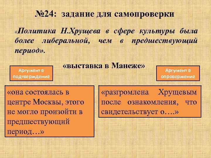 № 24: задание для самопроверки «Политика Н. Хрущева в сфере культуры была более либеральной,