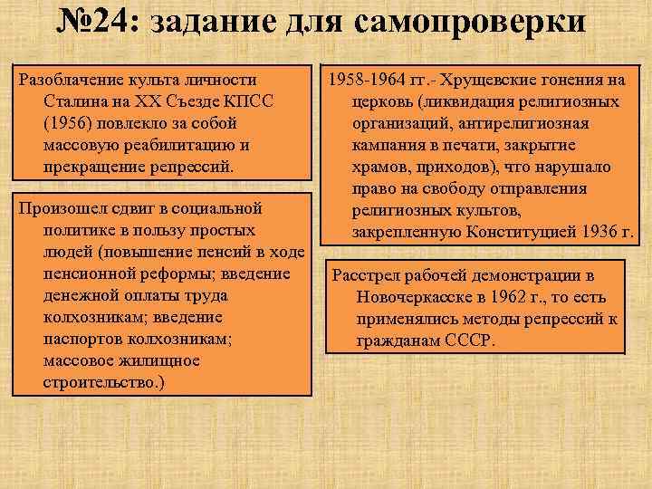 № 24: задание для самопроверки Разоблачение культа личности Сталина на XX Съезде КПСС (1956)