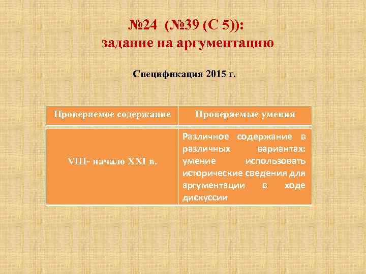 № 24 (№ 39 (С 5)): задание на аргументацию Спецификация 2015 г. Проверяемое содержание