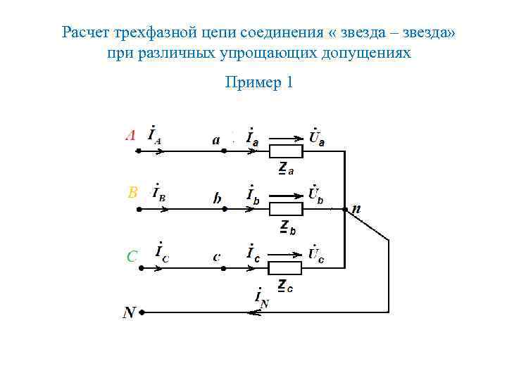 Расчет трехфазной цепи соединения « звезда – звезда» при различных упрощающих допущениях Пример 1