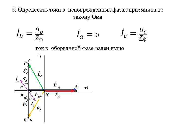 5. Определить токи в неповрежденных фазах приемника по закону Ома ток в оборванной фазе