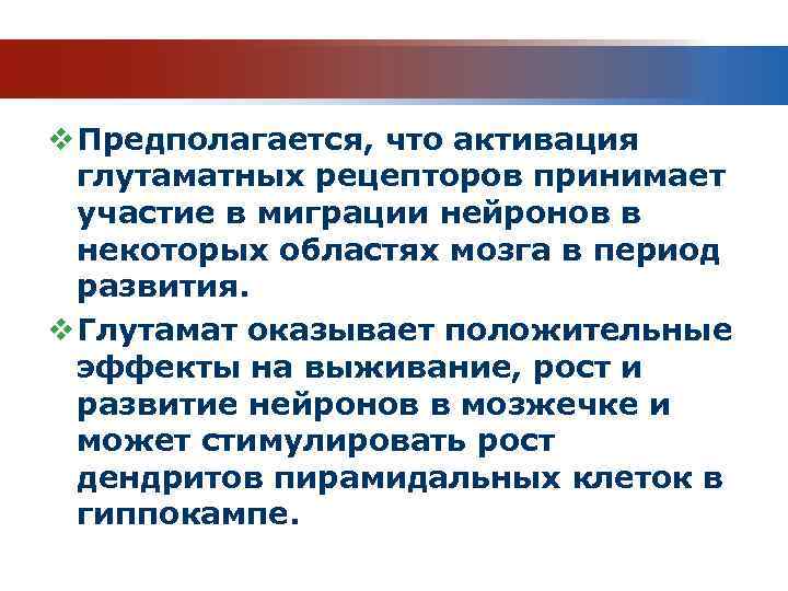 v Предполагается, что активация глутаматных рецепторов принимает участие в миграции нейронов в некоторых областях