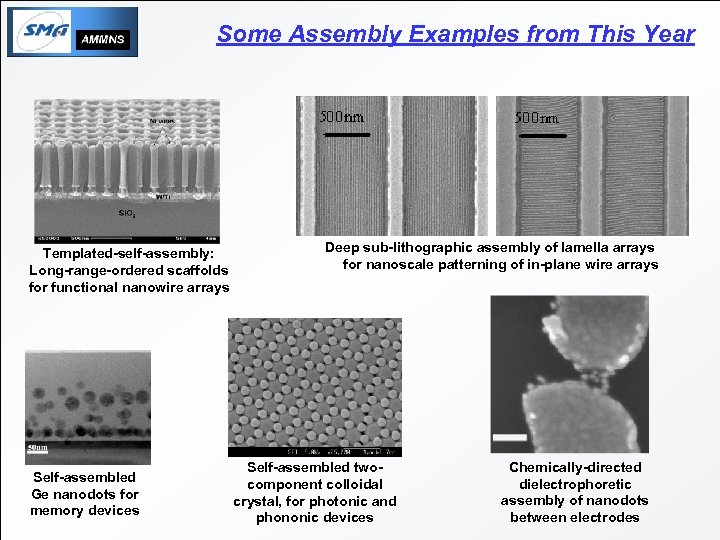 Some Assembly Examples from This Year Templated-self-assembly: Long-range-ordered scaffolds for functional nanowire arrays Self-assembled