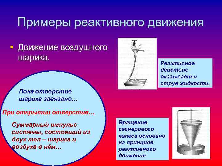 Примеры реактивного движения § Движение воздушного шарика. Реактивное действие оказывает и струя жидкости. Пока