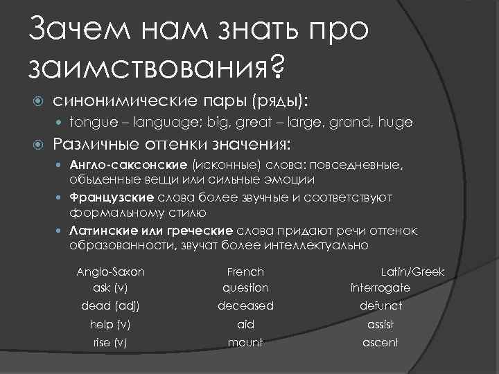 Зачем нам знать про заимствования? синонимические пары (ряды): tongue – language; big, great –