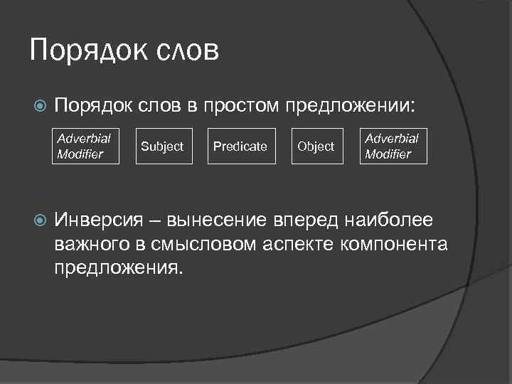 Порядок слов в простом предложении: Adverbial Modifier Subject Predicate Object Adverbial Modifier Инверсия –