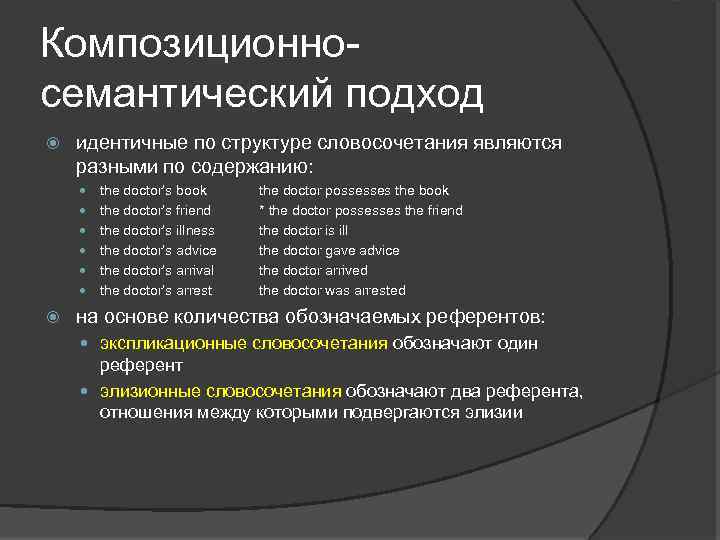 Композиционносемантический подход идентичные по структуре словосочетания являются разными по содержанию: the doctor’s book the