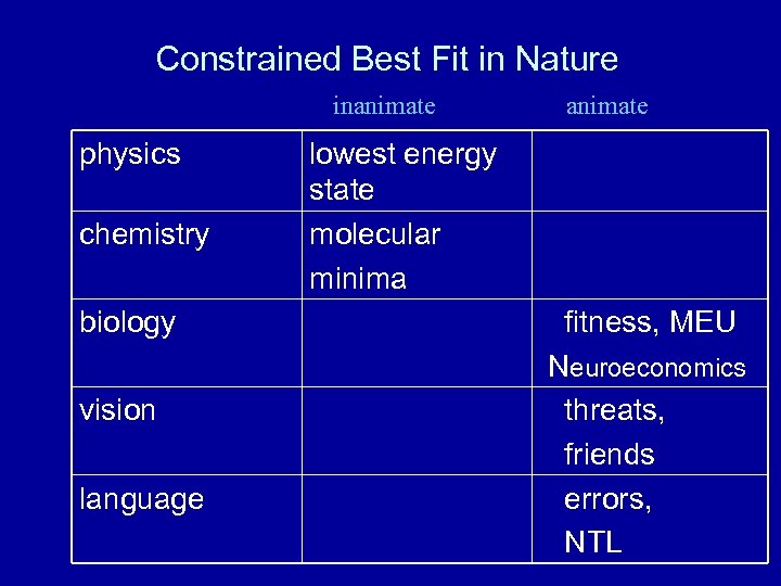 Constrained Best Fit in Nature inanimate physics chemistry biology vision language animate lowest energy