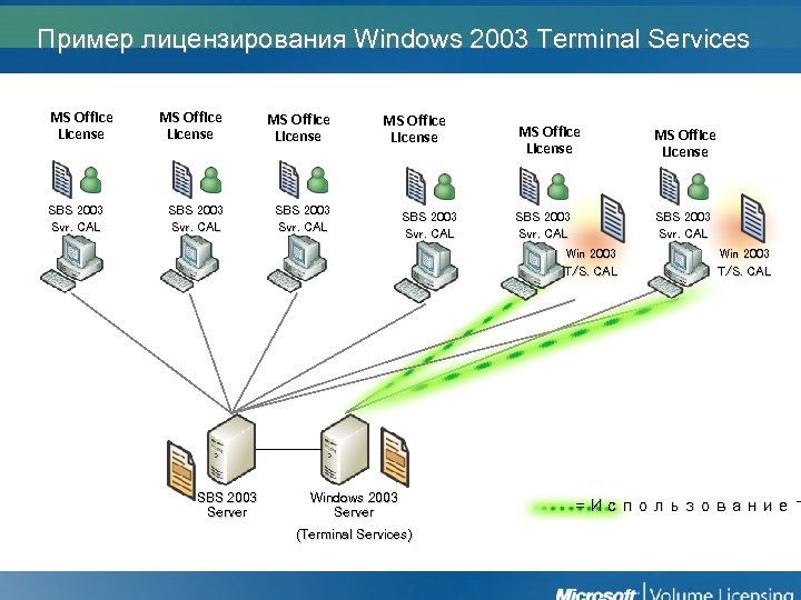 Пример лицензирования Windows 2003 Terminal Services MS Office License SBS 2003 Svr. CAL Svr.
