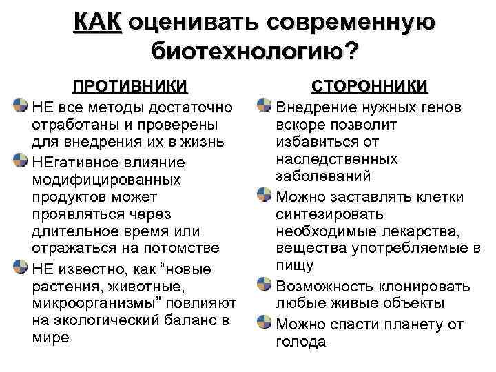 КАК оценивать современную биотехнологию? ПРОТИВНИКИ НЕ все методы достаточно отработаны и проверены для внедрения