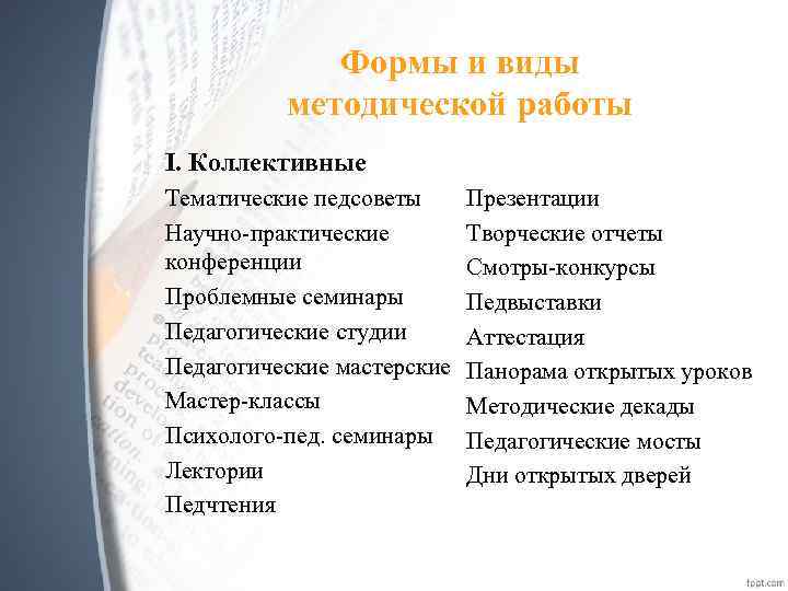 Формы и виды методической работы I. Коллективные Тематические педсоветы Научно-практические конференции Проблемные семинары Педагогические