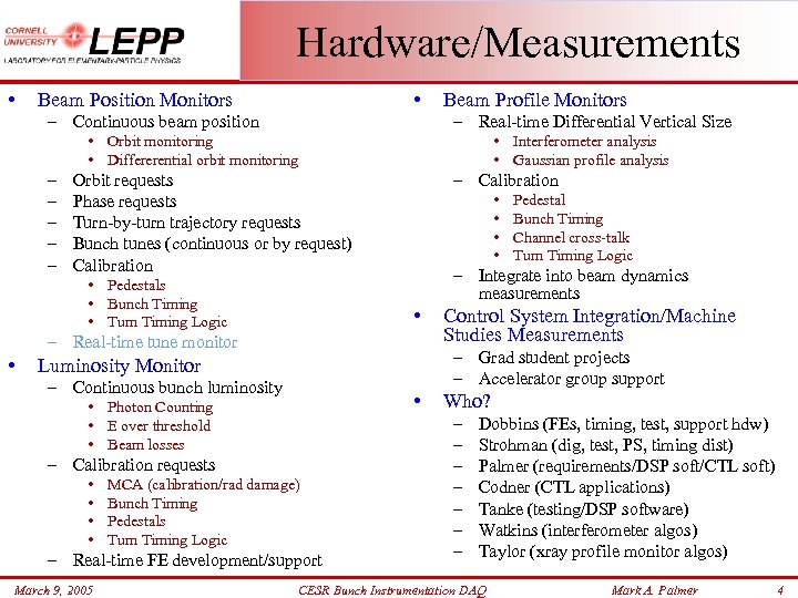 Hardware/Measurements • • Beam Position Monitors – Continuous beam position Beam Profile Monitors –