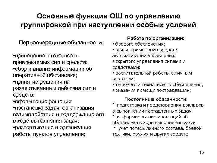 Основные функции ОШ по управлению группировкой при наступлении особых условий Первоочередные обязанности: • приведение