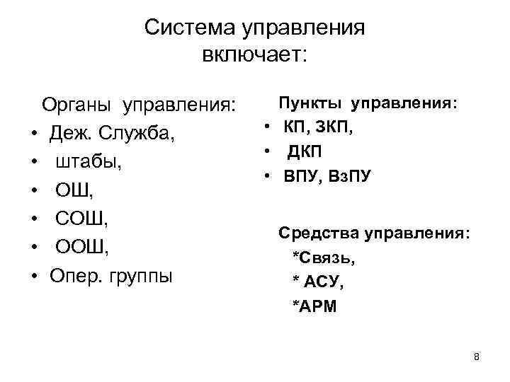 Система управления включает: Органы управления: • Деж. Служба, • штабы, • ОШ, • СОШ,