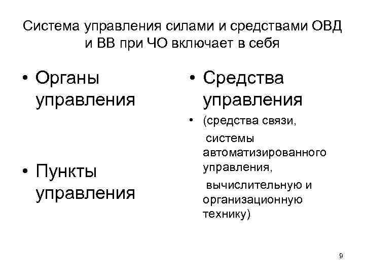 Система управления силами и средствами ОВД и ВВ при ЧО включает в себя •