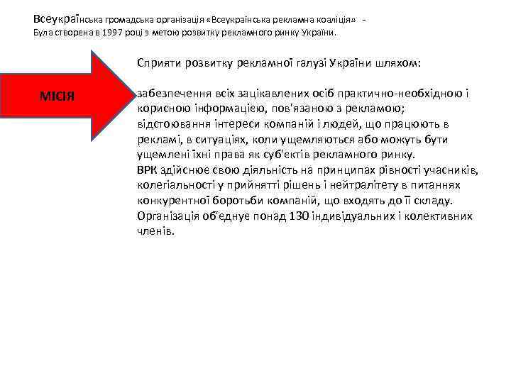 Всеукраїнська громадська організація «Всеукраїнська рекламна коаліція» - Була створена в 1997 році з метою