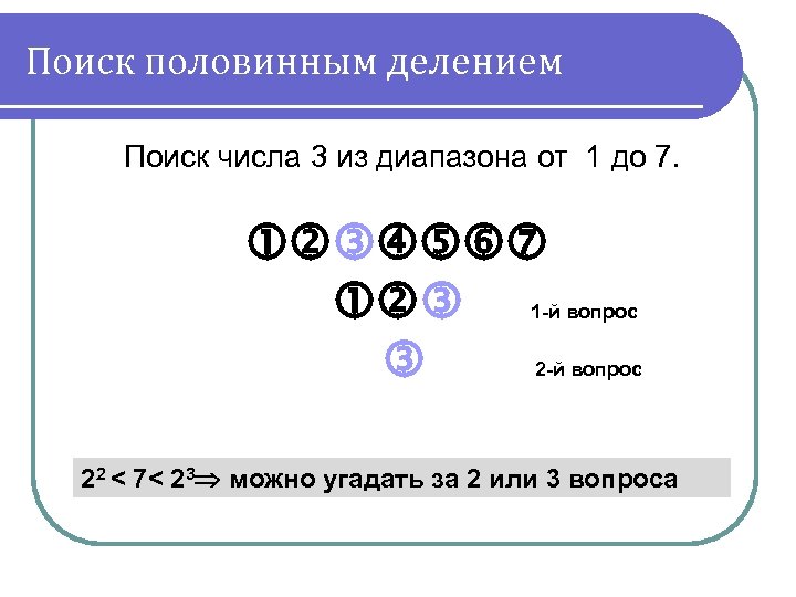 Поиск половинным делением Поиск числа 3 из диапазона от 1 до 7. 1 -й