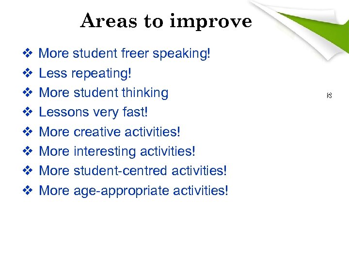 Areas to improve More student freer speaking! Less repeating! More student thinking Lessons very