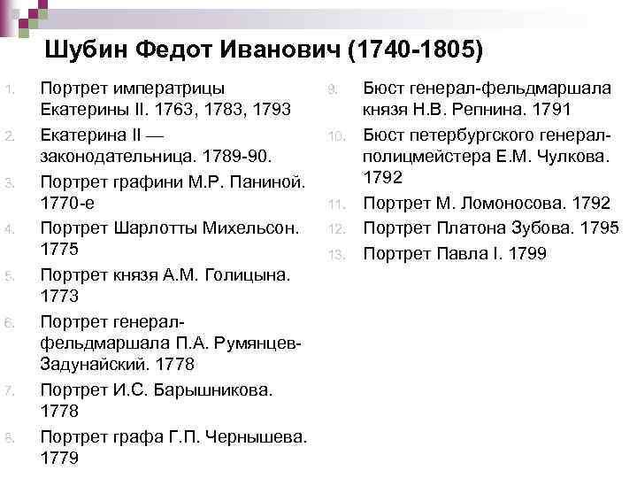 Шубин Федот Иванович (1740 -1805) 1. 2. 3. 4. 5. 6. 7. 8. Портрет