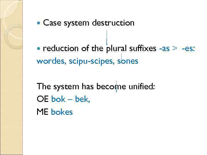  Case system destruction reduction of the plural suffixes -as > -es: wordes, scipu-scipes,