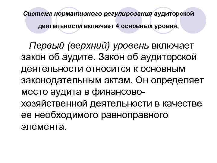 Система нормативного регулирования аудиторской деятельности включает 4 основных уровня, Первый (верхний) уровень включает закон