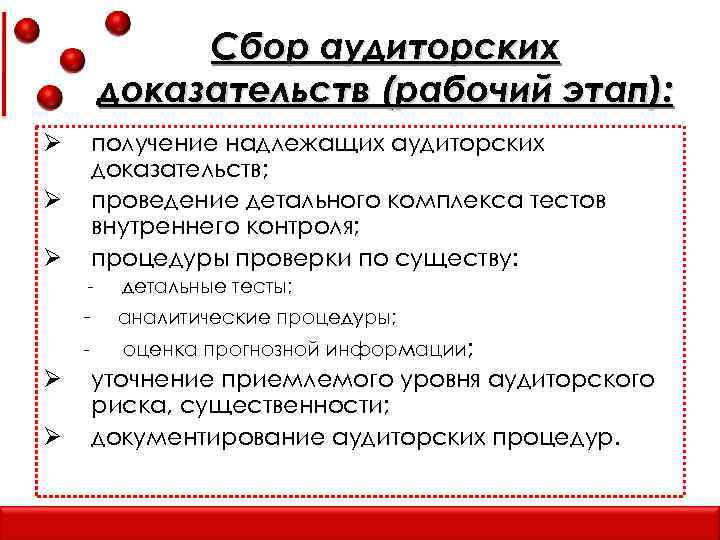 Сбор аудиторских доказательств (рабочий этап): получение надлежащих аудиторских доказательств; проведение детального комплекса тестов внутреннего