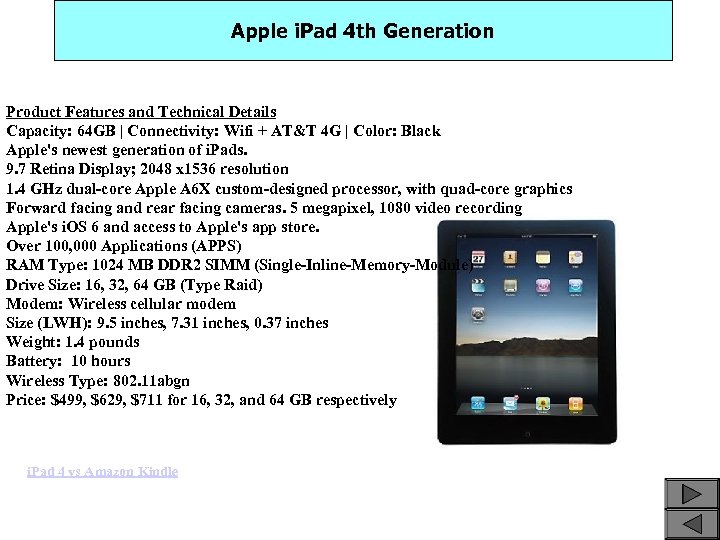 Apple i. Pad 4 th Generation Product Features and Technical Details Capacity: 64 GB