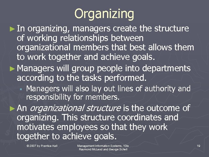 Organizing ► In organizing, managers create the structure of working relationships between organizational members