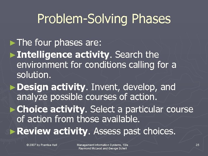 Problem-Solving Phases ► The four phases are: ► Intelligence activity. Search the environment for