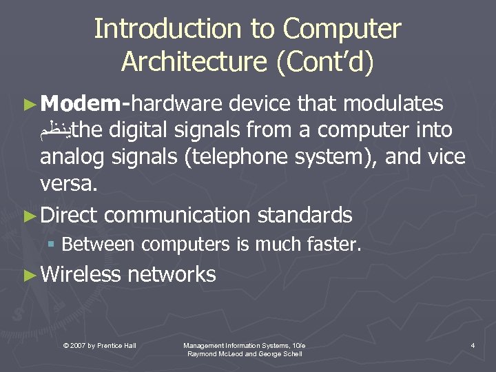 Introduction to Computer Architecture (Cont’d) ► Modem-hardware device that modulates ﻳﻨﻈﻢ the digital signals