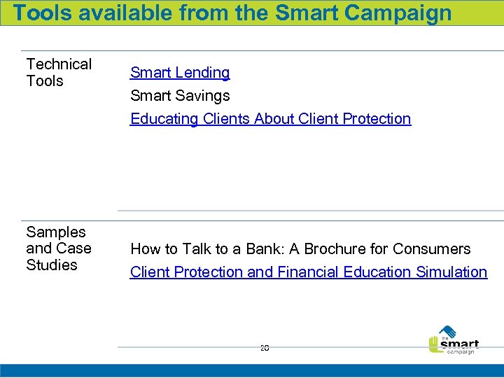 Tools available from the Smart Campaign Technical Tools Samples and Case Studies Smart Lending