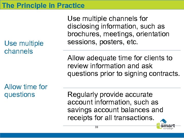 The Principle in Practice Use multiple channels Allow time for questions Use multiple channels