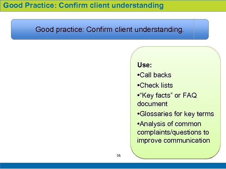 Good Practice: Confirm client understanding Good practice: Confirm client understanding. Use: • Call backs