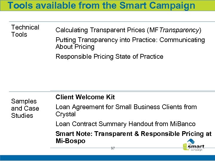 Tools available from the Smart Campaign Technical Tools Samples and Case Studies Calculating Transparent