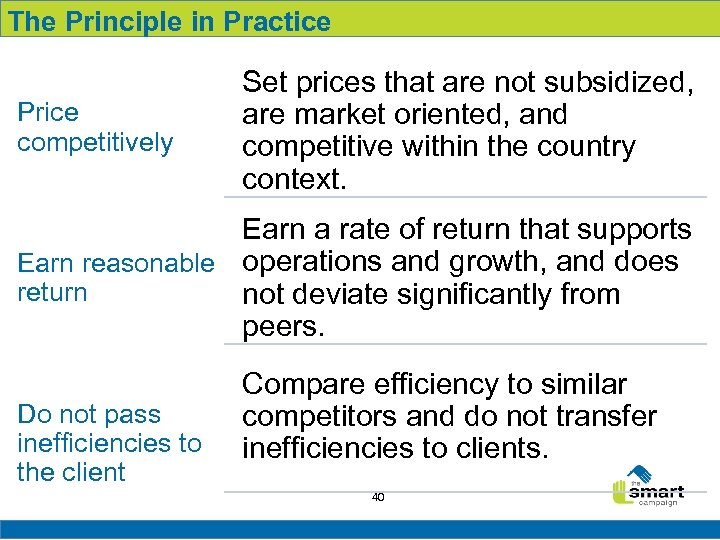 The Principle in Practice Price competitively Set prices that are not subsidized, are market