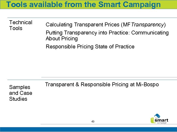 Tools available from the Smart Campaign Technical Tools Samples and Case Studies Calculating Transparent