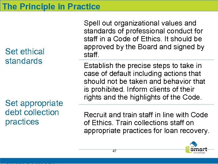 The Principle in Practice Set ethical standards Set appropriate debt collection practices Spell out