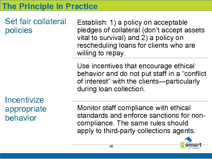 The Principle in Practice Set fair collateral policies Establish: 1) a policy on acceptable