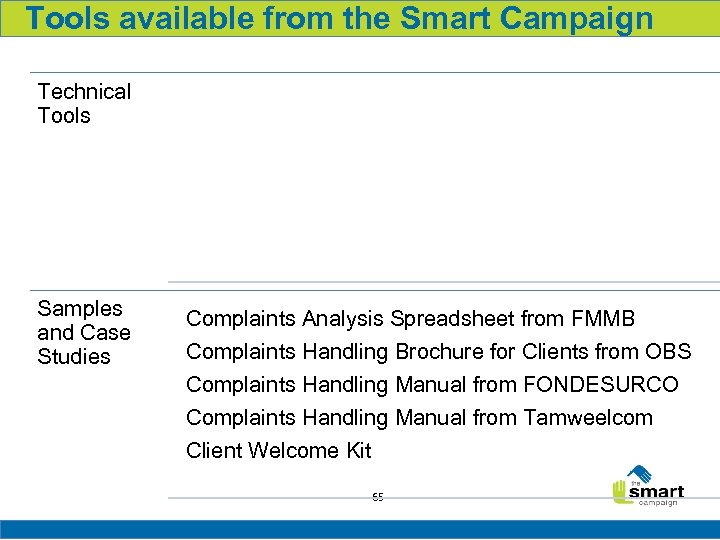 Tools available from the Smart Campaign Technical Tools Samples and Case Studies Complaints Analysis