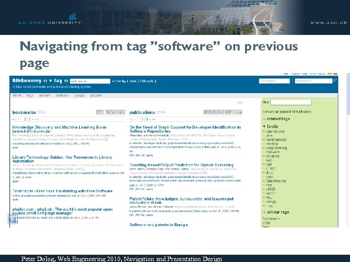 Navigating from tag ”software” on previous page Peter Dolog, Web Engineering 2010, Navigation and