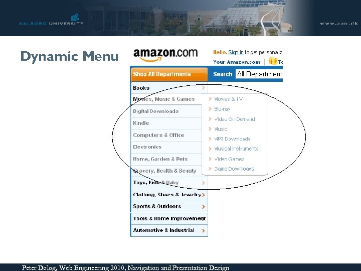 Dynamic Menu Peter Dolog, Web Engineering 2010, Navigation and Presentation Design 