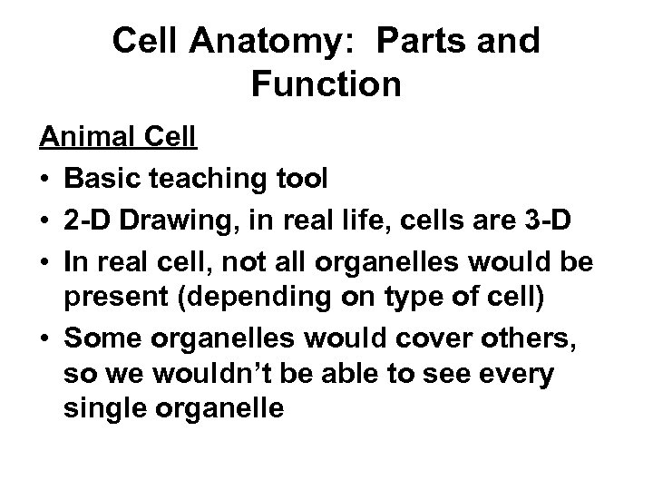 Cell Anatomy: Parts and Function Animal Cell • Basic teaching tool • 2 -D
