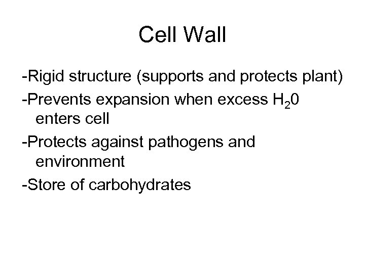 Cell Wall -Rigid structure (supports and protects plant) -Prevents expansion when excess H 20
