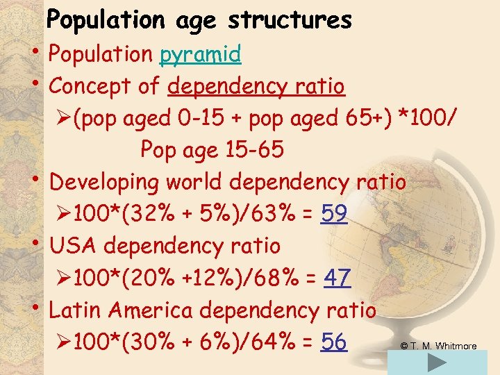 Population age structures • Population pyramid • Concept of dependency ratio • • •