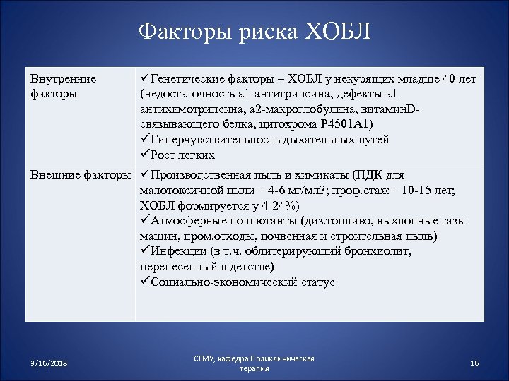 Факторы риска ХОБЛ Внутренние факторы üГенетические факторы – ХОБЛ у некурящих младше 40 лет