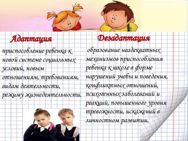 Адаптация приспособление ребенка к новой системе социальных условий, новым отношениям, требованиям, видам деятельности, режиму