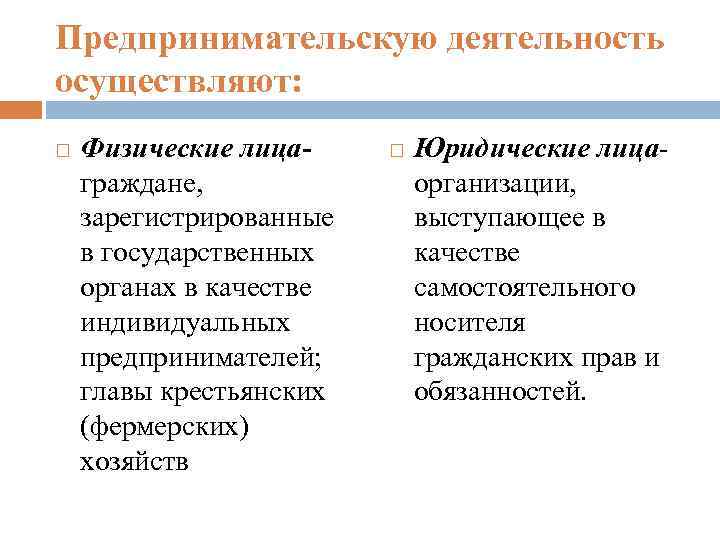 Предпринимательскую деятельность осуществляют: Физические лицаграждане, зарегистрированные в государственных органах в качестве индивидуальных предпринимателей; главы