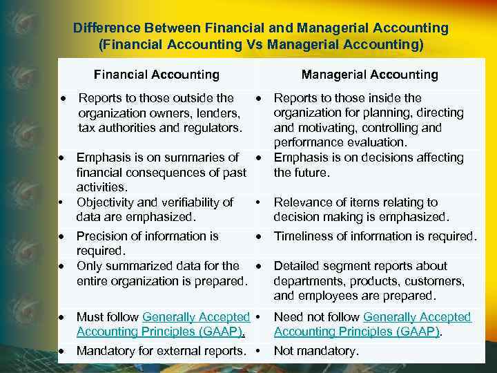 Difference Between Financial and Managerial Accounting (Financial Accounting Vs Managerial Accounting) Financial Accounting Reports