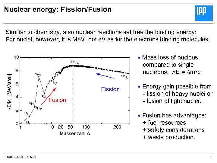 Nuclear energy: Fission/Fusion Similiar to chemistry, also nuclear reactions set free the binding energy: