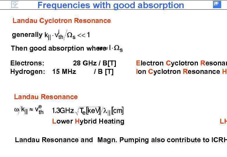 Frequencies with good absorption Landau Cyclotron Resonance generally Then good absorption where Electrons: Hydrogen: